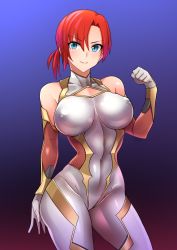 Rule 34 | &gt;:), 1girl, alternate costume, asymmetrical bangs, baron (nsbaron), blue eyes, blush, boudica (fate), breasts, clenched hand, closed mouth, covered erect nipples, covered navel, cowboy shot, fate/grand order, fate (series), gloves, gradient background, grey leotard, highres, impossible clothes, impossible leotard, large breasts, leotard, multicolored background, red gloves, red hair, short hair, short ponytail, skin tight, smile, solo, taimanin (series), taimanin suit