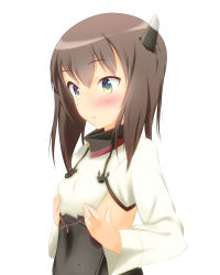 Rule 34 | 10s, 1girl, absurdres, blush, breast conscious, breasts, brown hair, flat chest, green eyes, hair between eyes, hands on own chest, headband, headgear, highres, kantai collection, long sleeves, parted lips, short hair, simple background, small breasts, solo, taihou (kancolle), taka-chan, upper body, white background