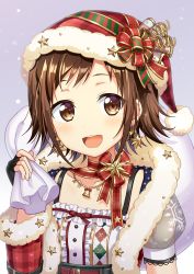 Rule 34 | 1girl, :d, absurdres, argyle, bang dream!, bell, blush, bow, brown eyes, brown hair, center frills, christmas, collarbone, commentary request, detached sleeves, earrings, frills, fur-trimmed headwear, fur-trimmed sleeves, fur trim, hat, hazawa tsugumi, head tilt, highres, holding, holding sack, jewelry, long sleeves, open mouth, plaid, plaid headwear, plaid sleeves, red bow, red hat, red sleeves, round teeth, sack, school uniform, serafuku, shirt, smile, snowflake print, solo, teeth, upper teeth only, white shirt, yuusa