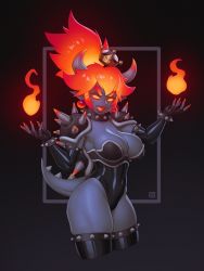 Rule 34 | 1girl, absurdres, armlet, black collar, bowsette, bracelet, breasts, choker, collar, colored skin, crown, earrings, fiery hair, fingernails, fireball, fury bowser, giant, giantess, glowing, glowing eyes, glowing mouth, gradient hair, grey skin, highres, jewelry, kaijuu, leotard, lipstick, lizard tail, makeup, mario (series), medium breasts, monster girl, multicolored hair, new super mario bros. u deluxe, nintendo, no pupils, open mouth, riz, sharp fingernails, sharp teeth, shoulder pads, shoulder spikes, sleeveless, solo, spiked anklet, spiked armlet, spiked bracelet, spiked choker, spiked collar, spiked shell, spiked tail, spiked thighlet, spikes, super crown, super mario 3d world, tail, teeth, thighhighs, turtle shell