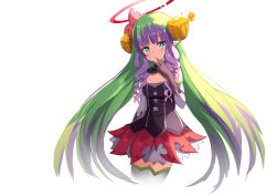 Rule 34 | 1girl, :o, ame., ameth (princess connect!), bare shoulders, black gloves, blue eyes, breasts, commentary request, cropped legs, detached sleeves, elbow gloves, gloves, green hair, halo, hand to own mouth, hand up, long hair, long sleeves, multicolored hair, parted lips, pleated skirt, princess connect!, purple hair, red halo, red skirt, simple background, skirt, small breasts, solo, thighhighs, two-tone hair, very long hair, white background, white sleeves, white thighhighs
