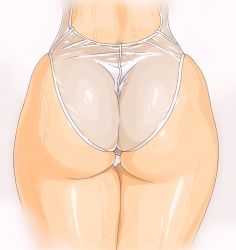 Rule 34 | 1girl, ass, ass focus, curvy, from behind, huge ass, lower body, one-piece swimsuit, original, solo, swimsuit, thighs, wedgie, wet, white one-piece swimsuit, wide hips, youshu ohepe