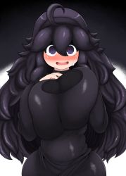 Rule 34 | 1girl, @ @, absurdres, ahoge, alternate breast size, black dress, blush, breasts, breasts squeezed together, bugge man, creatures (company), dress, full-face blush, game freak, hairband, hex maniac (pokemon), highres, huge breasts, long dress, long hair, looking at viewer, messy hair, nintendo, open mouth, pokemon, pokemon xy, purple eyes, purple hair, purple hairband, solo