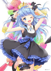 Rule 34 | 1girl, ;d, black dress, black footwear, black ribbon, blue eyes, blue hair, blunt bangs, blush, bow, bridal garter, collared shirt, colored pencil, commentary request, crown, dress, floral background, flower, hair ribbon, hands on own head, hands up, hazuki natsu, head tilt, high heels, highres, long hair, one eye closed, open mouth, original, paintbrush, pencil, pixiv, pixiv-tan, plaid, plaid bow, plaid ribbon, pumps, ribbon, rose, shirt, shoes, sleeveless, sleeveless dress, smile, solo, standing, standing on one leg, stylus, tareme, twitter username, two side up, undershirt, very long hair, white background, white shirt, wrist cuffs
