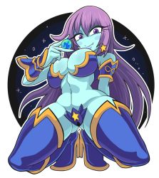 Rule 34 | 1girl, blue skin, boots, borrowed character, breasts, colored skin, earrings, earth (planet), fang, gashi-gashi, giant, giantess, high heel boots, high heels, huge breasts, huge giantess, jewelry, purple eyes, purple hair, space, star (symbol), thigh boots, thighhighs