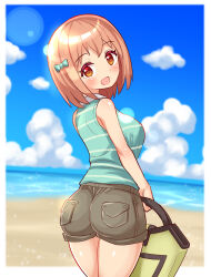 Rule 34 | 1girl, ass, bag, bare shoulders, beach, blush, bow, breasts, cloud, cougar (cougar1404), from behind, hair bow, hataraku maou-sama!, holding, holding bag, large breasts, looking at viewer, looking back, ocean, open mouth, orange eyes, pink hair, sasaki chiho, shirt, short hair, short shorts, shorts, sideboob, sky, smile, solo