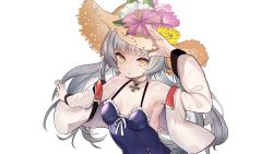 Rule 34 | 1girl, armpits, azur lane, bare shoulders, blunt bangs, breasts, choker, commentary, cross, flower, fuying sanbing, grey hair, hat, hat flower, highres, iron cross, jacket, light smile, long hair, looking at viewer, mole, mole under eye, official alternate costume, one-piece swimsuit, open mouth, simple background, small breasts, solo, straw hat, sun hat, swimsuit, white background, white jacket, yellow eyes, z46 (azur lane), z46 (her first summer) (azur lane)