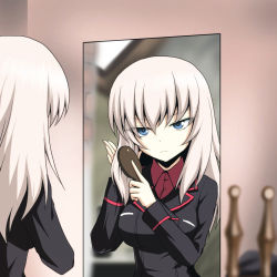 Rule 34 | black jacket, blue eyes, brushing, closed mouth, commentary, commentary request, dress shirt, english commentary, girls und panzer, hand in own hair, highres, holding, holding brush, itsumi erika, jacket, kamishima kanon, kuromorimine military uniform, light frown, long sleeves, medium hair, military, military uniform, mirror, mixed-language commentary, red shirt, reflection, shirt, silver hair, solo, tantei monogatari, uniform, wing collar