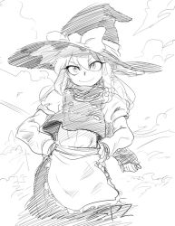 Rule 34 | 1girl, bad id, bad pixiv id, female focus, greyscale, hands on own hips, hat, kirisame marisa, long hair, monochrome, sketch, smile, solo, spacezin, touhou, witch hat