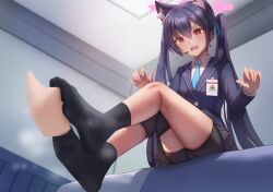 Rule 34 | 1girl, absurdres, animal ears, blue archive, cat ears, feet, highres, long hair, open mouth, red eyes, serika (blue archive), smelling, socks, soles, steam, taichi suzuki, twintails