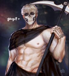 Rule 34 | 1boy, abs, ancient greek clothes, artist name, bara, black cape, blonde hair, call of duty, call of duty: modern warfare 2, cape, ghost (modern warfare 2), greco-roman clothes, highres, holding, holding scythe, holding weapon, large pectorals, looking at viewer, male focus, mask, muscular, muscular male, navel, nipples, peach skyies, pectorals, scythe, short hair, skull mask, solo, weapon