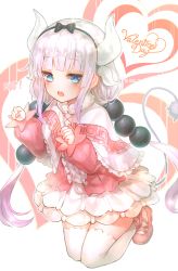 Rule 34 | 10s, 1girl, beads, blue eyes, blunt bangs, blush, capelet, dragon girl, dragon horns, english text, hair beads, hair ornament, hairband, happy valentine, heart, highres, horns, kanna kamui, kobayashi-san chi no maidragon, long hair, looking at viewer, low twintails, open mouth, shale, solo, tail, thighhighs, twintails, white thighhighs, zettai ryouiki