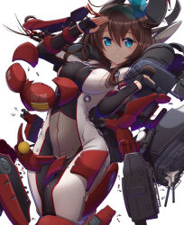 Rule 34 | 1girl, adapted costume, armor, black bodysuit, black gloves, black hair, blue eyes, bodysuit, braid, breasts, cowboy shot, fingerless gloves, gloves, hair flaps, hair over shoulder, hashtag-only commentary, kantai collection, long hair, mecha musume, medium breasts, moke ro, parted lips, pilot suit, salute, shigure (kancolle), shigure kai san (kancolle), simple background, single braid, smile, solo, white background