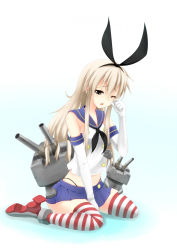 Rule 34 | &gt; &lt;, 10s, 1girl, :3, closed eyes, elbow gloves, gloves, gradient background, hair ornament, hairband, hand on own face, hino (2nd life), kantai collection, long hair, navel, one eye closed, open mouth, patterned legwear, red stripes, rensouhou-chan, school uniform, serafuku, shimakaze (kancolle), simple background, sitting, striped clothes, striped thighhighs, tears, thighhighs, turret, two-tone stripes, white gloves, white stripes, wink