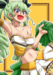 Rule 34 | 1girl, :d, alternate costume, anchovy (girls und panzer), aono3, apron, arm up, bare shoulders, black border, black ribbon, border, breasts, cleavage, clothes writing, commentary, drill hair, dutch angle, frilled apron, frilled shirt, frilled skirt, frills, girls und panzer, green hair, hair ribbon, highres, holding, holding pom poms, logo, long hair, looking at viewer, medium breasts, midriff, miniskirt, navel, open mouth, outline, outside border, pleated skirt, pom pom (cheerleading), pom poms, red eyes, ribbon, shirt, skirt, smile, solo, standing, strapless, tube top, twin drills, twintails, white outline, white skirt, yellow background, yellow shirt