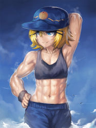 Rule 34 | 1girl, abs, armpits, giant, giantess, hat, huge giantess, kagamine rin, muscular, muscular female, solo, sports bra, sweat, upper body, vocaloid, yilx