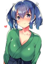 Rule 34 | 1girl, blue eyes, blue hair, blush, breasts, cleavage, closed mouth, collarbone, commentary request, flying sweatdrops, green kimono, hair between eyes, hair ribbon, heart, ichihaya, japanese clothes, kantai collection, kimono, looking at viewer, ribbon, short hair, simple background, smile, solo, souryuu (kancolle), twintails, upper body, white background, white ribbon