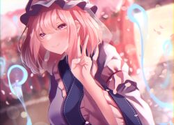 Rule 34 | 1girl, absurdres, blue headwear, blurry, blurry background, cherry blossoms, closed mouth, commentary, grey nails, highres, outdoors, pink eyes, pink hair, saigyouji yuyuko, shiranui (wasuresateraito), short hair, smile, solo, touhou, upper body, v, wide sleeves
