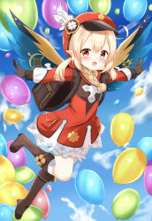 Rule 34 | 1girl, :d, ahoge, backpack, bag, balloon, bloomers, blue sky, boots, brown footwear, brown gloves, brown scarf, cabbie hat, cloud, cloudy sky, clover print, coat, commentary request, genshin impact, gliding, gloves, hair between eyes, hat, hat feather, hat ornament, highres, klee (genshin impact), knee boots, long hair, long sleeves, looking at viewer, low twintails, open mouth, orange eyes, outstretched arms, platinum blonde hair, randoseru, red coat, scarf, sidelocks, sky, smile, solo, spread arms, twintails, underwear, wings, yoboshi