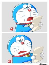 Rule 34 | 1boy, 2koma, bell, cocosococ, comic, commentary, confused, doraemon, doraemon (character), grey background, highres, holding, holding paper, meme, neck bell, open mouth, outstretched arms, paper, reading, red nose, solo focus, squinting, tail, twitter username, upper body, whiskers, winnie the pooh reading (meme)