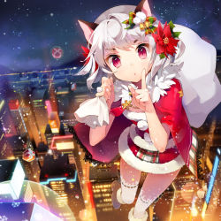 Rule 34 | 1girl, animal ears, bell, boots, building, cape, cat ears, christmas, cityscape, dress, finger to mouth, flower, flying, gift, gilse, hair flower, hair ornament, jewelry, necklace, night, night sky, original, parted lips, poinsettia, red cape, red eyes, ribbon, ribbon-trimmed legwear, ribbon trim, sack, santa costume, short hair, shushing, sky, skyscraper, slit pupils, solo, star (sky), starry sky, thighhighs, white hair, zettai ryouiki