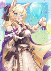 Rule 34 | 1girl, 3 (sanyako1), absurdres, animal ear fluff, animal ears, arknights, balloon, blonde hair, blue eyes, blush, dress, gloves, hair ornament, hair ribbon, hairclip, highres, holding, holding balloon, horse ears, horse girl, long hair, looking at viewer, official alternate costume, open mouth, ponytail, purple ribbon, ribbon, solo, whislash (arknights), whislash (glory purple) (arknights), white gloves