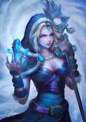 Rule 34 | 1girl, absurdres, blonde hair, blue cape, blue dress, blue eyes, blue hood, breasts, cape, cleavage, closed mouth, crystal, crystal maiden, dota (series), dota 2, dress, forehead jewel, highres, holding, holding wand, ice, jianru, lips, long hair, looking at viewer, signature, smile, solo, wand