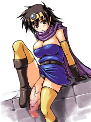 Rule 34 | 1girl, abu, blush, boots, breasts, brown eyes, brown hair, cape, censored, chunsoft, circlet, cleavage, dragon quest, dragon quest iii, elbow gloves, enix, futanari, gloves, huge penis, mosaic censoring, penis, roto (dq3), short hair, solo, thighhighs, veins, veiny penis