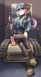 Rule 34 | 1girl, battle rifle, black skirt, boots, brown footwear, camouflage, camouflage headwear, camouflage jacket, closed mouth, company of heroes, crossed legs, explosive, fallschirmjager, fallschirmjager (company of heroes), fg 42, full body, german army, goliath tracked mine, gun, hair between eyes, hat, helmet, holding, holding gun, holding weapon, jacket, leggings, long hair, long sleeves, looking at viewer, military, military hat, military jacket, military uniform, mine (weapon), original, poster (object), purple eyes, rifle, sitting, skirt, smile, solo, twintails, uniform, weapon, world war ii, zhainan s-jun