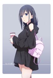 Rule 34 | 1girl, artist name, backpack, bag, black dress, black hair, blue eyes, border, coffee cup, cup, dated, disposable cup, dress, expressionless, highres, holding, holding cup, monai-chan (nii manabu), nii manabu, original, pink bag, solo, thighs, white border