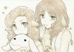 Rule 34 | 2girls, animal ears, aquaplus, breasts, cleavage, cleavage cutout, clothing cutout, curly hair, fumirul, greyscale, height difference, holding, holding stuffed toy, large breasts, looking at another, looking at viewer, medium hair, miharu0012, monochrome, multiple girls, munechika, open mouth, raised eyebrows, sidelocks, stuffed animal, stuffed rabbit, stuffed toy, underboob, upper body, utawarerumono, utawarerumono: futari no hakuoro, utawarerumono: itsuwari no kamen