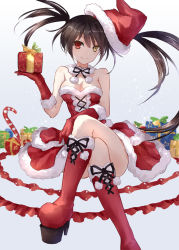 Rule 34 | 1girl, adapted costume, asle, asymmetrical hair, bare shoulders, black hair, boots, breasts, candy, candy cane, christmas, cleavage, clock eyes, crossed legs, date a live, dress, elbow gloves, food, fur trim, gift, gloves, hand up, hat, heterochromia, holding, holding gift, knee boots, looking at viewer, medium breasts, red dress, red eyes, red footwear, red gloves, santa costume, santa hat, sitting, solo, strapless, symbol-shaped pupils, tokisaki kurumi, twintails, yellow eyes