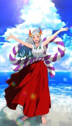 Rule 34 | 1girl, :d, akmn, barefoot, beach, blue hair, blue sky, blush, breasts, cloud, cloudy sky, commentary, day, earrings, full body, glint, gradient hair, green hair, hair ornament, hair stick, hakama, highres, hoop earrings, horns, japanese clothes, jewelry, kimono, lens flare, light blue hair, long hair, looking at viewer, medium breasts, multicolored hair, ocean, one piece, oni horns, open mouth, orange eyes, outdoors, outstretched arms, ponytail, red hakama, rope, shimenawa, sidelocks, sky, sleeveless, sleeveless kimono, smile, solo, standing, twitter username, white hair, white kimono, wind, yamato (one piece)