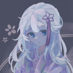 Rule 34 | 1girl, blue eyes, dot nose, floral print, flower, flower knot, grey background, hair flower, hair ornament, japanese clothes, kimono, long hair, looking at viewer, luoyiyue39849, magia record: mahou shoujo madoka magica gaiden, mahou shoujo madoka magica, mizuna tsuyu, parted lips, portrait, print kimono, purple kimono, solo, white hair