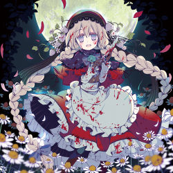 Rule 34 | 1girl, bad id, bad pixiv id, blonde hair, blood, blood in hair, blood on clothes, blood on face, bloody knife, blush, braid, cape, capelet, daisy, dress, empty eyes, field, flower, flower field, food, food-themed hair ornament, fruit, full moon, gloves, hair ornament, hood, knife, little red riding hood, little red riding hood (grimm), lolita fashion, long hair, moon, mushroom, open mouth, original, pantyhose, purple eyes, red cape, red dress, ribbon, smile, solo, splatter, standing, strawberry, twin braids, twintails, very long hair, yamadori yoshitomo