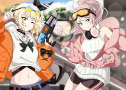 Rule 34 | ;q, black hairband, black shorts, blonde hair, blue eyes, blurry, blurry foreground, braid, closed mouth, commentary, commentary request, cropped hoodie, goggles, goggles on head, hairband, headphones, headphones around neck, highres, holding, holding water gun, hood, hoodie, jacket, korean commentary, long hair, long sleeves, looking at viewer, love live!, love live! nijigasaki high school idol club, medium hair, midriff, miyashita ai, navel, off shoulder, one eye closed, orange eyes, orange jacket, pink hair, pink jacket, ponytail, shorts, side braid, sleeveless, sleeveless sweater, smile, star-shaped eyewear, star (symbol), sweater, tongue, tongue out, upper body, water gun, white hoodie, white sweater, yumel lot, zhong lanzhu
