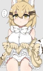 Rule 34 | ..., 10s, 1girl, :&lt;, absurdres, animal ears, blonde hair, blush, bow, bowtie, breasts, cat ears, cat tail, clothes lift, cowboy shot, elbow gloves, frilled skirt, frills, gloves, hair between eyes, high-waist skirt, highres, kemono friends, kokuin, large breasts, lifted by self, looking at viewer, panties, print bow, print bowtie, print gloves, print neckwear, print skirt, sand cat (kemono friends), shirt, short hair, skirt, skirt lift, sleeveless, sleeveless shirt, solo, tail, underwear, white panties, yellow eyes