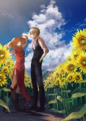 Rule 34 | 1boy, 1girl, :d, absurdres, askgcom, black footwear, black pants, black vest, blue eyes, blue sky, boots, brown hair, china dress, chinese clothes, cloud, couple, day, dress, eye contact, flower, full body, gintama, hand in pocket, hat, highres, huge filesize, kagura (gintama), knee boots, long dress, looking at another, okita sougo, open mouth, orange hair, outdoors, pants, red dress, shirt, short hair, side slit, sky, sleeveless, sleeveless dress, sleeves rolled up, smile, standing, sun hat, sunflower, vest, white shirt, yellow flower