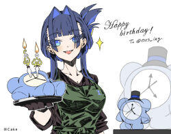 Rule 34 | 1girl, alarm clock, apron, blue eyes, blue hair, breasts, brown shirt, cake, candle, clock, collarbone, english text, fangs, food, green apron, hair intakes, happy birthday, hat, hololive, hololive english, kronie (ouro kronii), large breasts, looking at viewer, medium hair, open mouth, ouro kronii, plate, shirt, simple background, sparkle, taka t, top hat, twitter username, virtual youtuber, white background