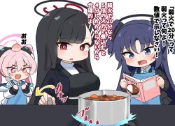 Rule 34 | 3girls, apron, black halo, black jacket, black skirt, blazer, blue apron, blue archive, blue eyes, blue fire, book, breasts, carrot slice, chibi, collared shirt, commentary, cooking pot, curry, fang, fire, food, food print, hair between eyes, hair ornament, hairclip, halo, hands up, head bump, holding, holding book, holding spoon, jacket, koyuki (blue archive), large breasts, long hair, long sleeves, looking at viewer, multiple girls, no nose, open book, open mouth, pink eyes, pink hair, pink halo, pleated skirt, purple hair, raised eyebrows, red eyes, rio (blue archive), sashu (thershr6s), shirt, simple background, skin fang, skirt, sparkling eyes, spoon, sweatdrop, turtleneck, two side up, v-shaped eyebrows, very long hair, white background, white shirt, yuuka (blue archive)