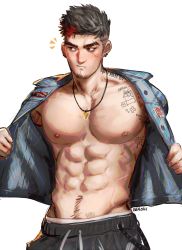 Rule 34 | 1boy, abs, bara, black hair, black pants, blue shirt, chest tattoo, closed mouth, ear piercing, facial hair, facial scar, greenteaa, highres, jewelry, large pectorals, looking to the side, male focus, multicolored hair, muscular, muscular male, navel, necklace, nipple piercing, nipples, open clothes, open shirt, original, pants, pectorals, piercing, red hair, scar, scar across eye, scar on cheek, scar on face, shirt, short hair, shoulder tattoo, solo, streaked hair, tattoo, undercut, white background