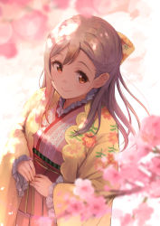 Rule 34 | 1girl, alternate hairstyle, artist name, artist request, blush, bow, branch, breasts, brown eyes, brown hair, curly hair, female focus, floral print, flower print, frilled kimono, frills, hair between eyes, hair bow, hakama, hakama skirt, half updo, highres, japanese clothes, kimono, kunikida hanamaru, layered skirt, light brown hair, long hair, long sleeves, looking at viewer, love live!, love live! school idol festival, love live! sunshine!!, miniskirt, parted lips, pink footwear, pink hakama, pink kimono, plaid, plaid kimono, plaid skirt, pleated, pleated skirt, red bow, skirt, smile, solo, tree, white background, wide sleeves, yellow bow, yellow eyes, yellow kimono