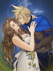 Rule 34 | 1boy, 1girl, aerith gainsborough, aerith gainsborough (white floral dress), arm around neck, armor, back bow, bare arms, bare shoulders, belt, belt buckle, blonde hair, blue background, blue cloak, blue gloves, blue shirt, bow, breasts, brown belt, brown hair, buckle, cleavage, cloak, closed eyes, cloud strife, colored eyelashes, couple, cowboy shot, dress, dress flower, earrings, final fantasy, final fantasy vii, final fantasy vii rebirth, final fantasy vii remake, flower, gloves, gold trim, hair between eyes, hand on another&#039;s shoulder, hand on another&#039;s waist, herzenreine, hetero, highres, imminent kiss, jewelry, leather armor, long hair, long sleeves, medium breasts, multiple necklaces, official alternate costume, parted lips, rose, shirt, short hair, sidelocks, single earring, spiked hair, strapless, strapless dress, suspenders, sword, vambraces, wavy hair, weapon, white dress, yellow flower, yellow rose