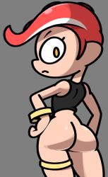 Rule 34 | 1girl, angry, ass, black shirt, bottomless, bracelet, breasts, from behind, grey background, hands on own hips, highres, jewelry, looking at viewer, looking back, medium breasts, nintendo, octoling, octoling girl, octoling player character, octopus girl, red hair, shirt, short hair, splatoon (series), standing, tank top, tentacle hair, tentacles, thigh strap, vilepluff, yellow eyes