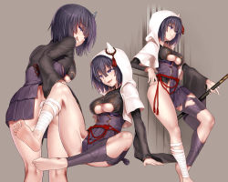 Rule 34 | 1girl, absurdres, ass, bandaged leg, bandages, barefoot, black shirt, blush, breasts, capelet, closed mouth, clothing cutout, fang, feet, grey background, highres, hood, hooded capelet, horns, huge filesize, large breasts, legs, long sleeves, looking at viewer, looking back, multiple views, open mouth, original, orochi itto, purple eyes, purple hair, purple legwear, purple skirt, shirt, short hair, single horn, sitting, skirt, smile, soles, thighs, toes, tongue, tongue out, underboob, underboob cutout, white capelet, wide sleeves