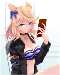 Rule 34 | 1girl, animal ears, bandeau, black choker, black jacket, blonde hair, blue bow, blue eyes, bow, breasts, choker, cleavage, commentary request, gold city (umamusume), hair bow, hand up, holding, horse ears, jacket, large breasts, long hair, long sleeves, looking at viewer, midriff, nagato tamakichi, nail polish, navel, open clothes, open jacket, sitting, solo, stomach, strapless, striped bandeau, tube top, umamusume, upper body