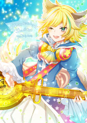 Rule 34 | 10s, 1boy, animal ears, ascot, bishounen, blonde hair, blue eyes, guitar, happy birthday, headphones, instrument, male focus, multicolored hair, one eye closed, pecoe, show by rock!!, shu zo (show by rock!!), smile, solo, star (symbol), streaked hair, tail