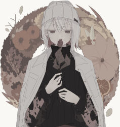 Rule 34 | 1girl, beanie, black shirt, branch, dot nose, earrings, flower, grey hair, hair between eyes, hat, highres, jacket, jewelry, leaf, midou 0r, necklace, nose, open clothes, open jacket, original, partially colored, shirt, short hair, solo, turtleneck, white hair