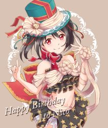 Rule 34 | 10s, 1girl, black hair, bow, character name, hair bow, happy birthday, hat, long hair, love live!, love live! school idol festival, love live! school idol project, midriff, navel, red eyes, ribbon, smile, solo, tomm0515, top hat, twintails, yazawa nico