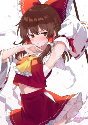 1girl ahase_hino arm_up armpits ascot bare_shoulders blush bow brown_eyes brown_hair closed_mouth collared_shirt commentary_request cowboy_shot detached_sleeves frilled_ascot frilled_bow frilled_hair_tubes frilled_skirt frills gohei hair_bow hair_tubes hakurei_reimu hand_up highres long_hair looking_at_viewer midriff_peek navel red_bow red_shirt red_skirt ribbon-trimmed_sleeves ribbon_trim shirt sidelocks signature simple_background skirt skirt_set sleeveless sleeveless_shirt solo sweatdrop touhou v-shaped_eyebrows white_background white_sleeves wide_sleeves yellow_ascot